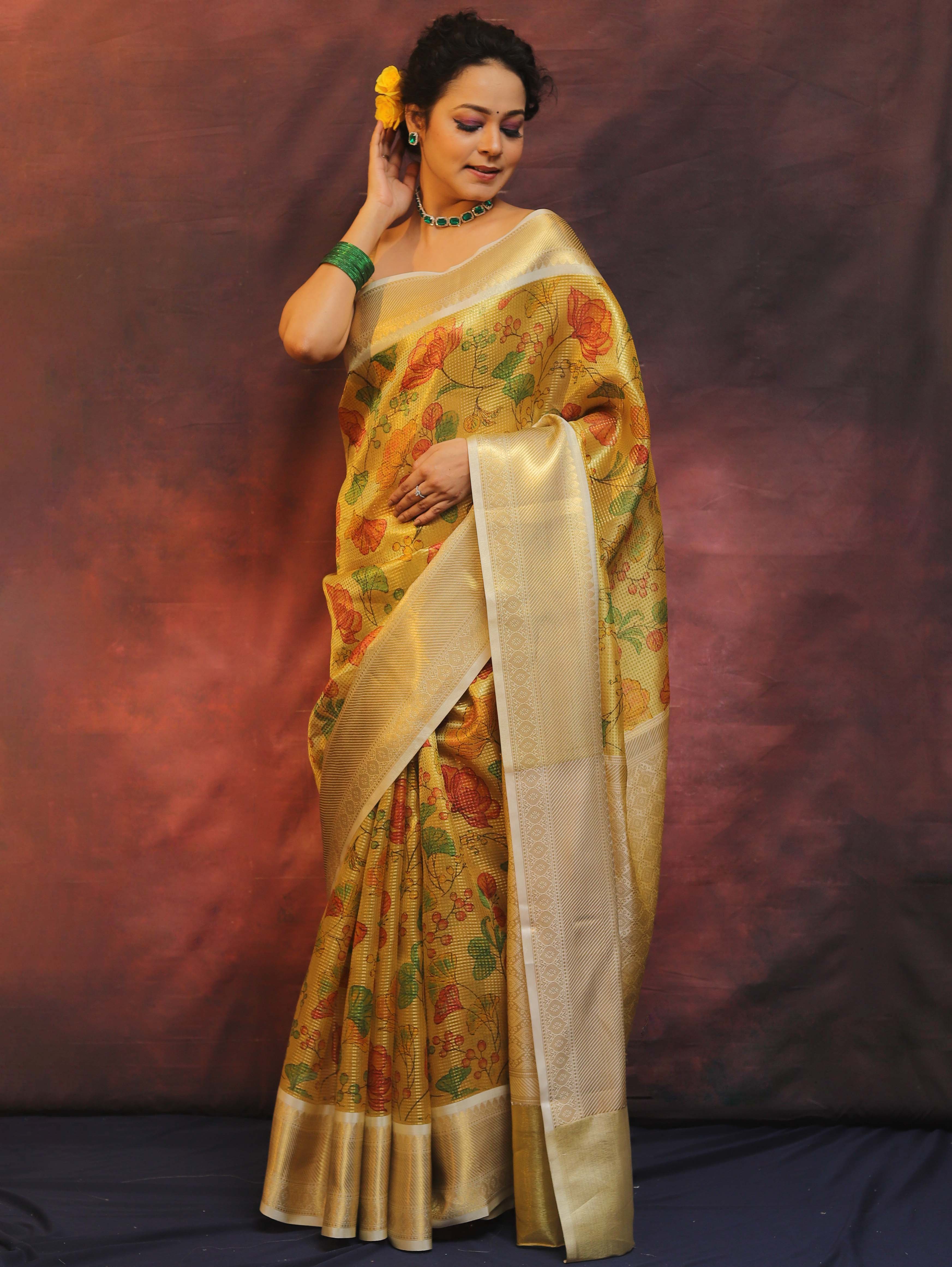 Banarasee Handwoven Tissue Saree Zari Border With Digital Print-Gold & White