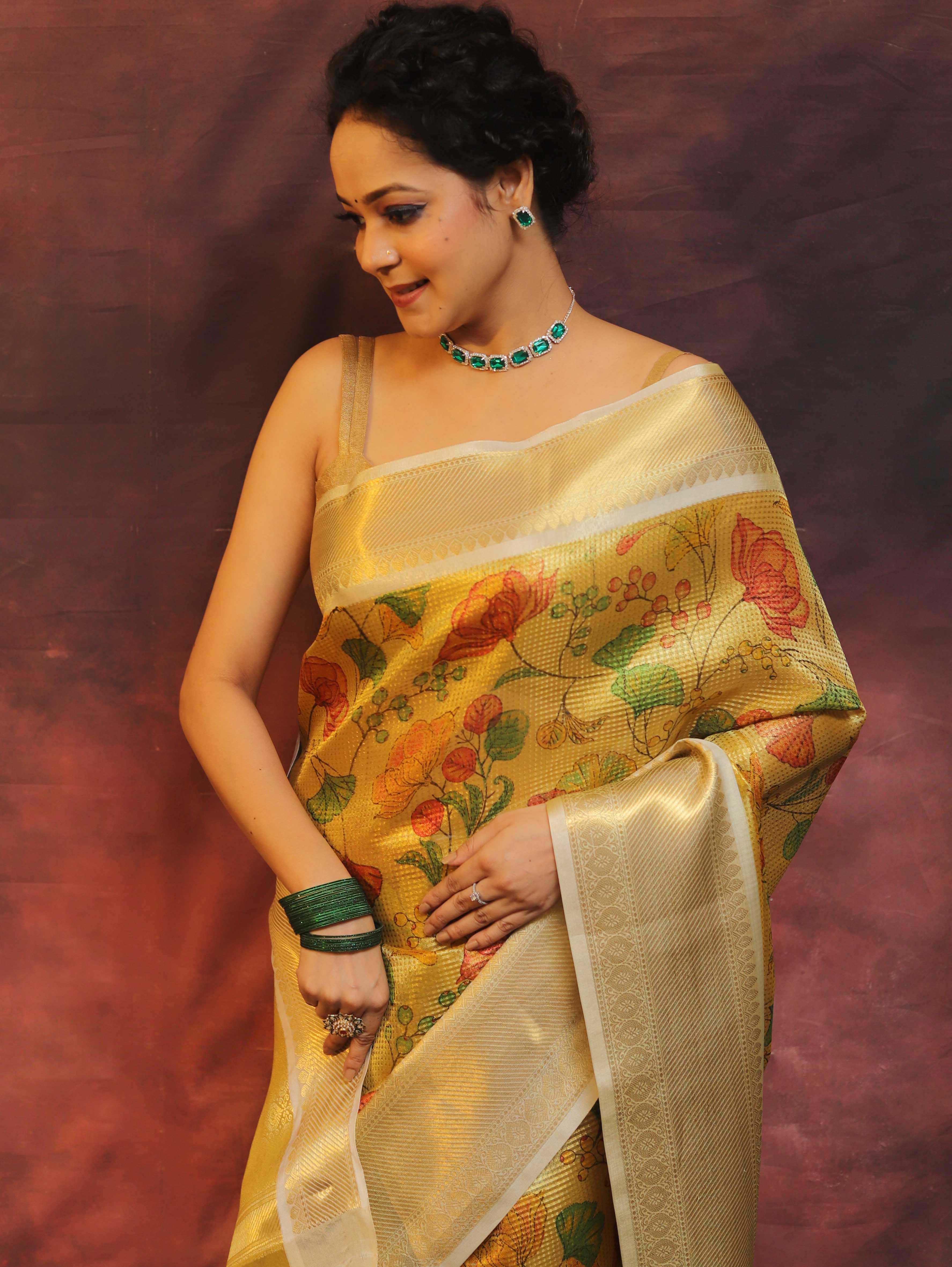 Banarasee Handwoven Tissue Saree Zari Border With Digital Print-Gold & White