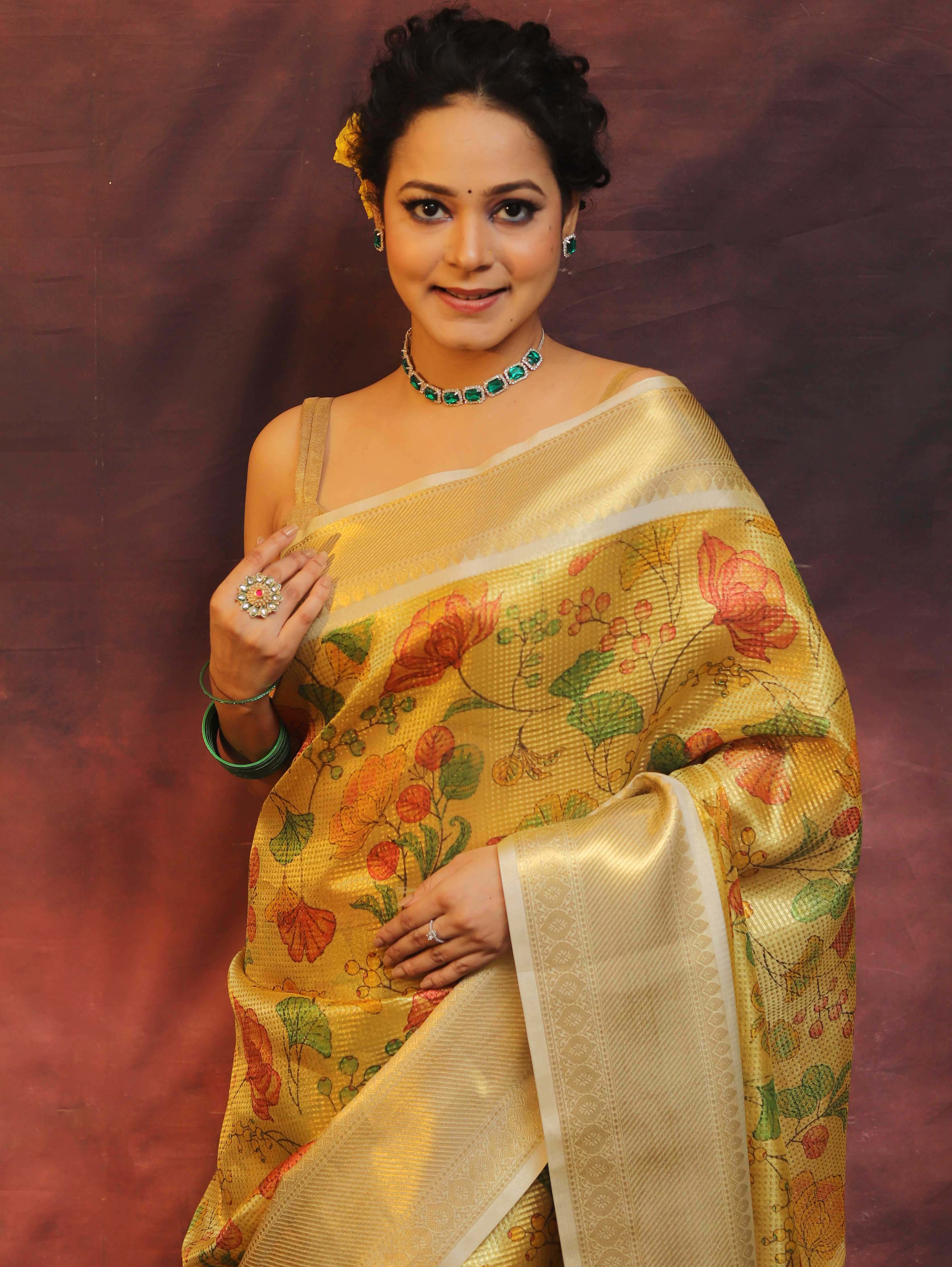 Banarasee Handwoven Tissue Saree Zari Border With Digital Print-Gold & White