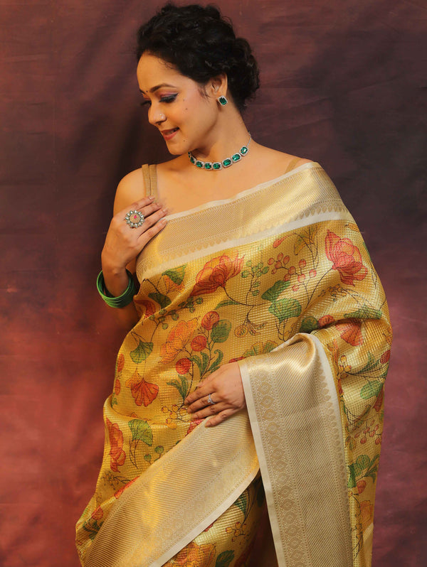 Banarasee Handwoven Tissue Saree Zari Border With Digital Print-Gold & White