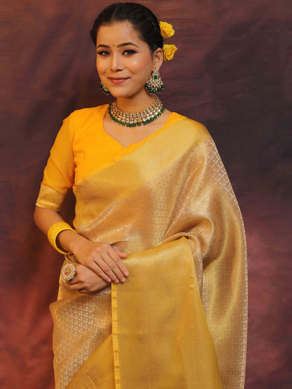 Banarasee Handwoven Gold Zari Tissue Saree-Gold & Yellow