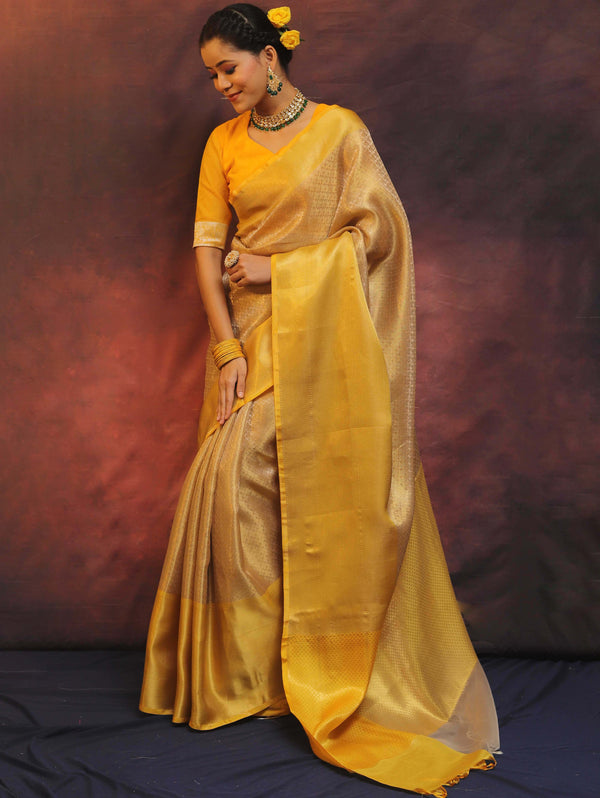 Banarasee Handwoven Gold Zari Tissue Saree-Gold & Yellow