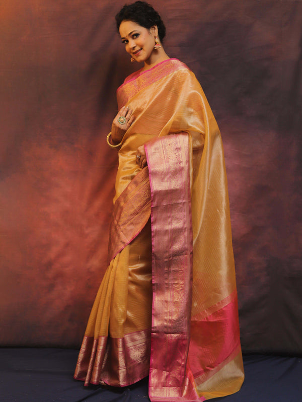 Banarasee Handwoven Broad Border Zari Design Tissue Saree-Gold & Pink