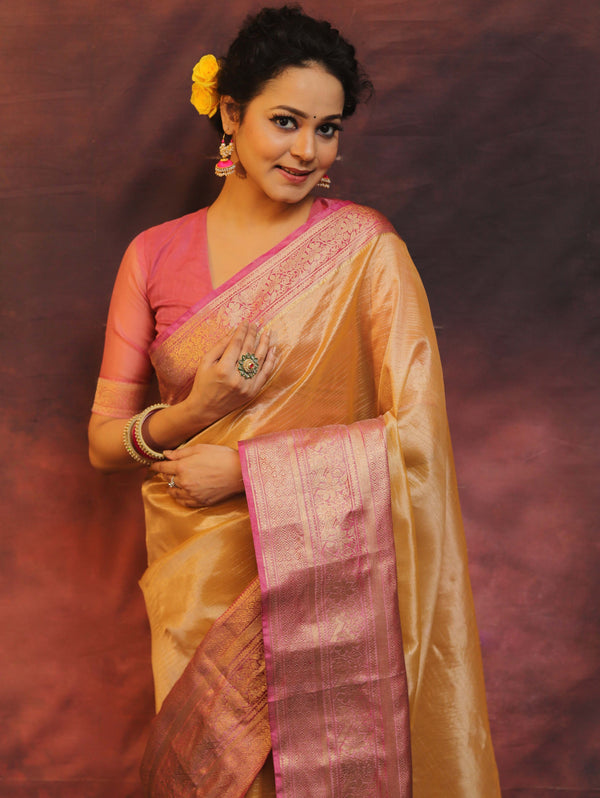 Banarasee Handwoven Broad Border Zari Design Tissue Saree-Gold & Pink