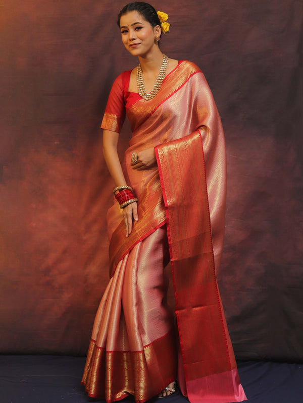 Banarasee Handwoven Broad Border Zari Design Tissue Saree-Pink & Red