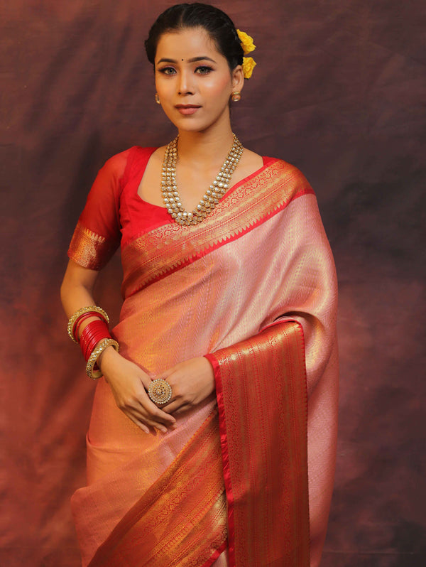 Banarasee Handwoven Broad Border Zari Design Tissue Saree-Pink & Red