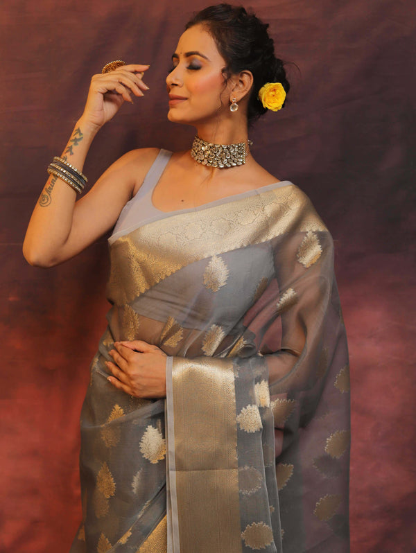 Banarasee Organza Saree With Zari Buta Design-Grey