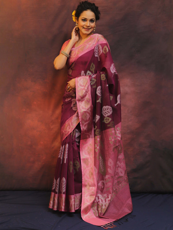 Banarasee Cotton Silk Saree Zari Buta Design & Contrast Border-Purple