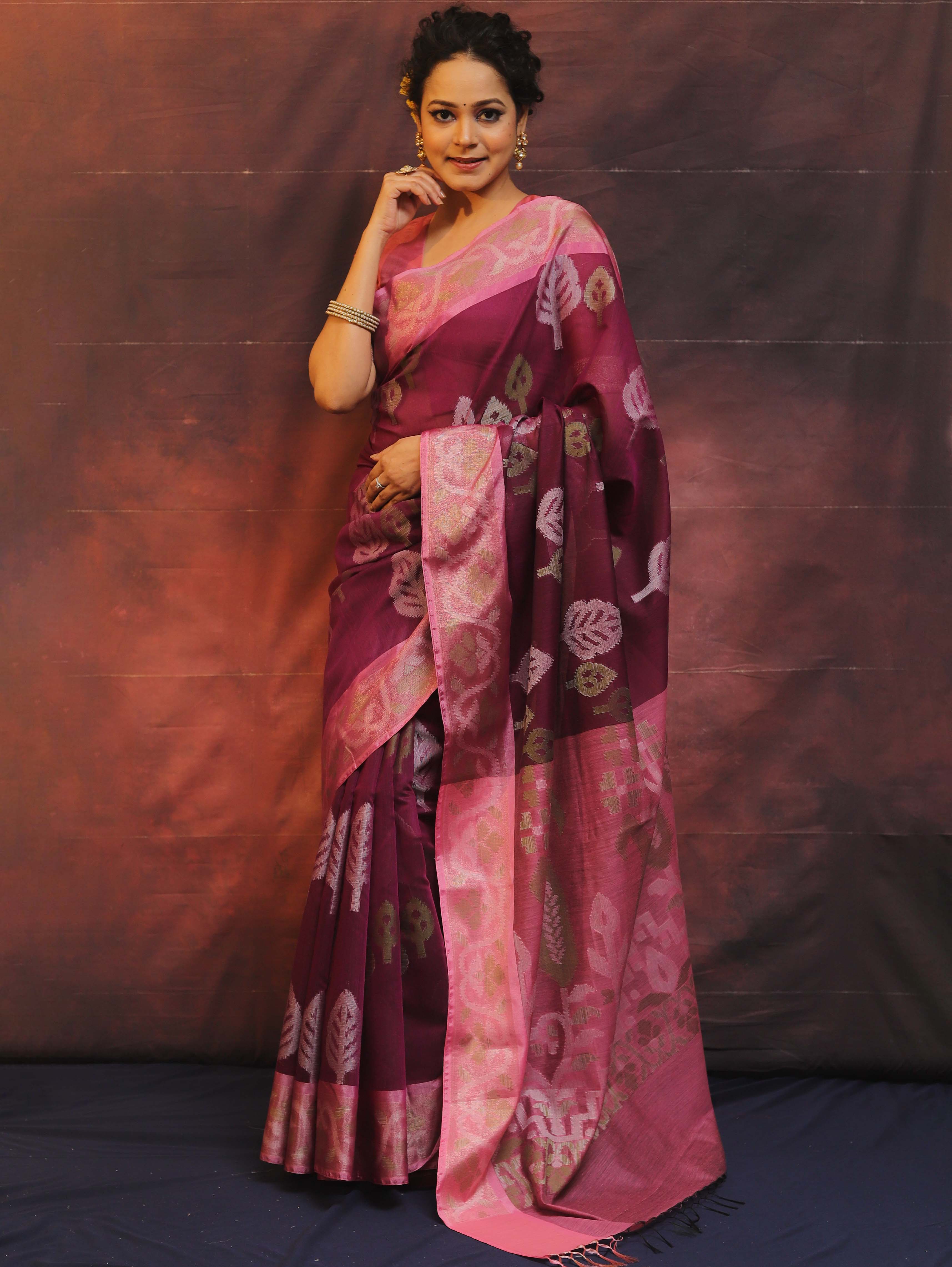 Banarasee Cotton Silk Saree Zari Buta Design & Contrast Border-Purple