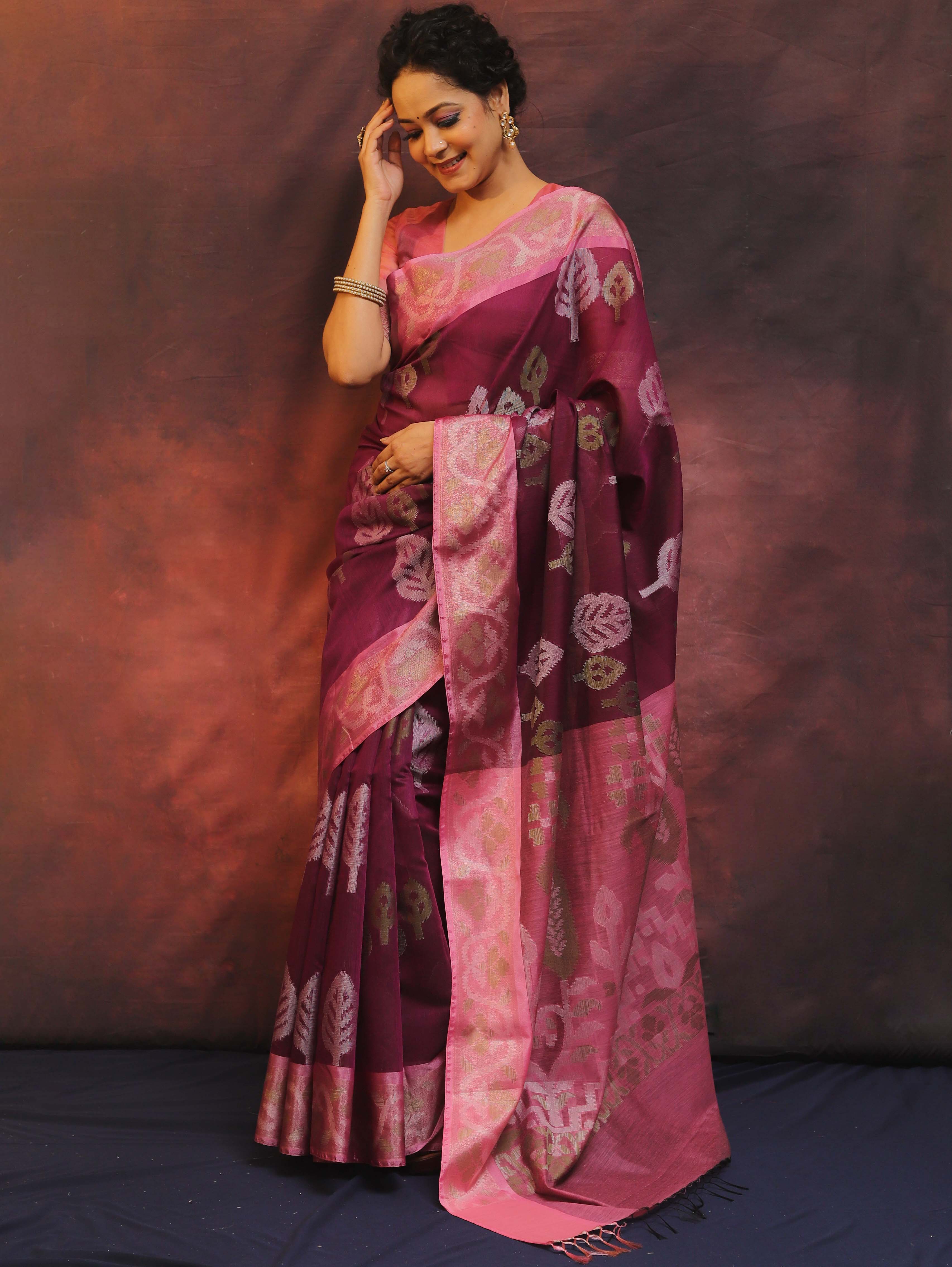 Banarasee Cotton Silk Saree Zari Buta Design & Contrast Border-Purple