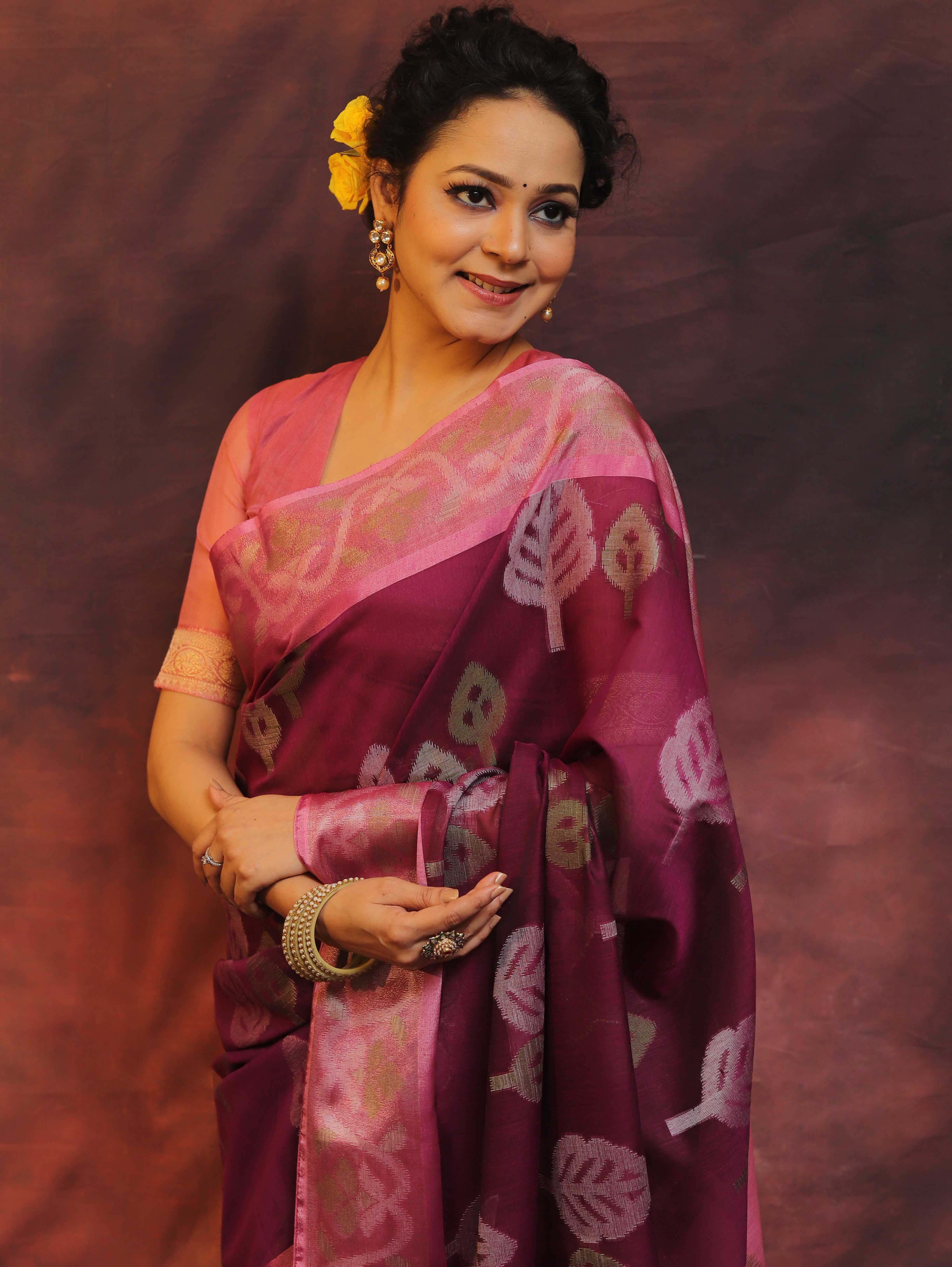 Banarasee Cotton Silk Saree Zari Buta Design & Contrast Border-Purple