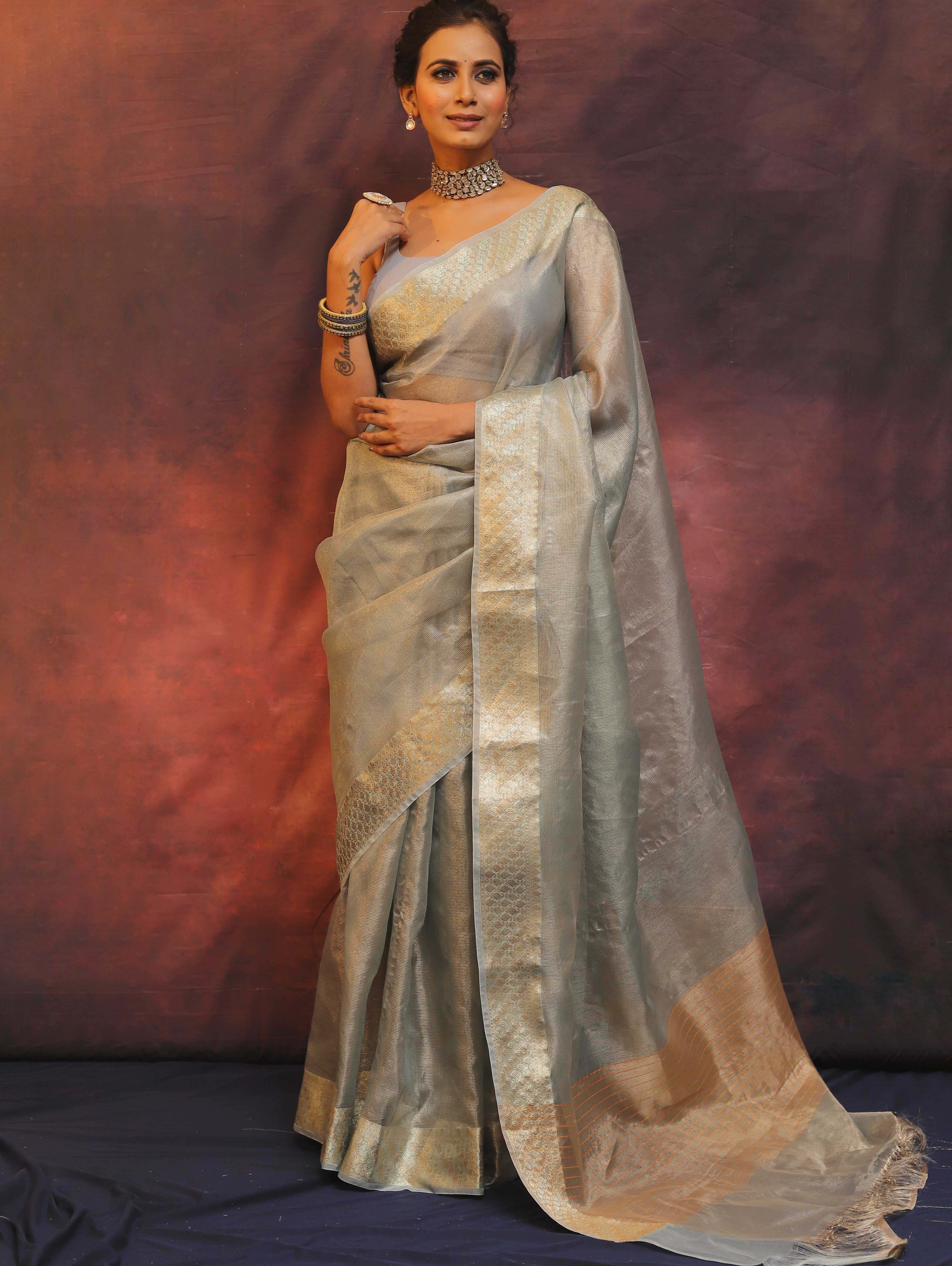 Banarasee Handwoven Plain Tissue Saree With Zari Border-Grey