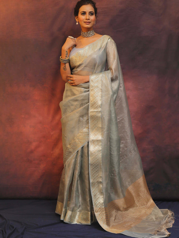 Banarasee Handwoven Plain Tissue Saree With Zari Border-Grey