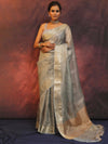 Banarasee Handwoven Plain Tissue Saree With Zari Border-Grey