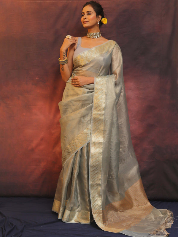 Banarasee Handwoven Plain Tissue Saree With Zari Border-Grey