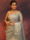 Banarasee Handwoven Plain Tissue Saree With Zari Border-Grey