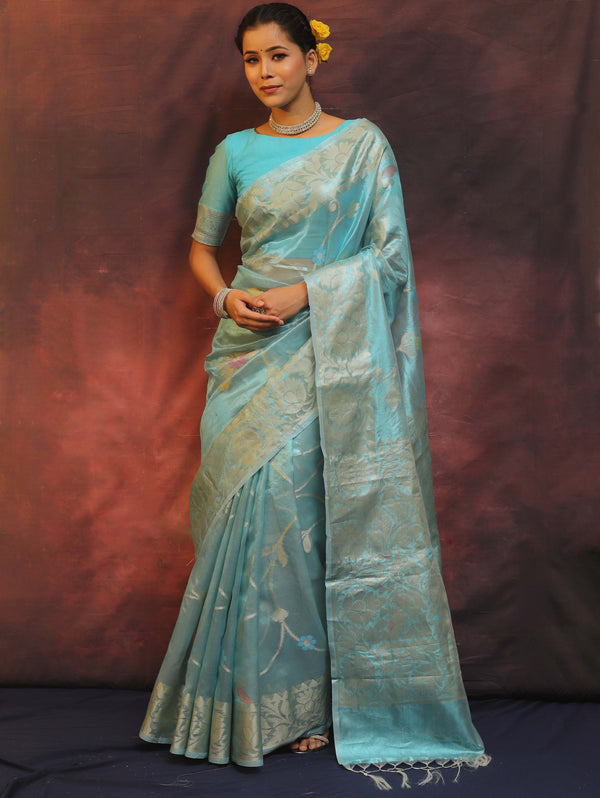 Banarasee Handwoven Tissue Saree Zari Border & Jaal Design-Light Blue