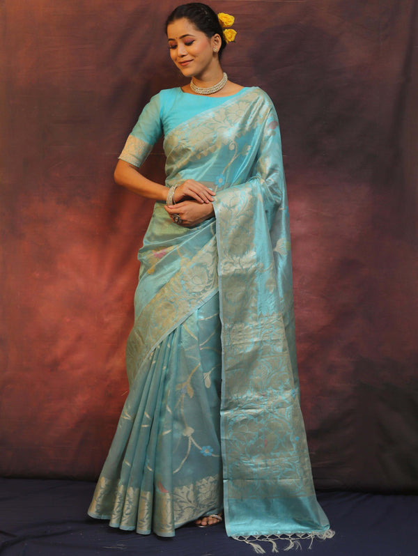 Banarasee Handwoven Tissue Saree Zari Border & Jaal Design-Light Blue