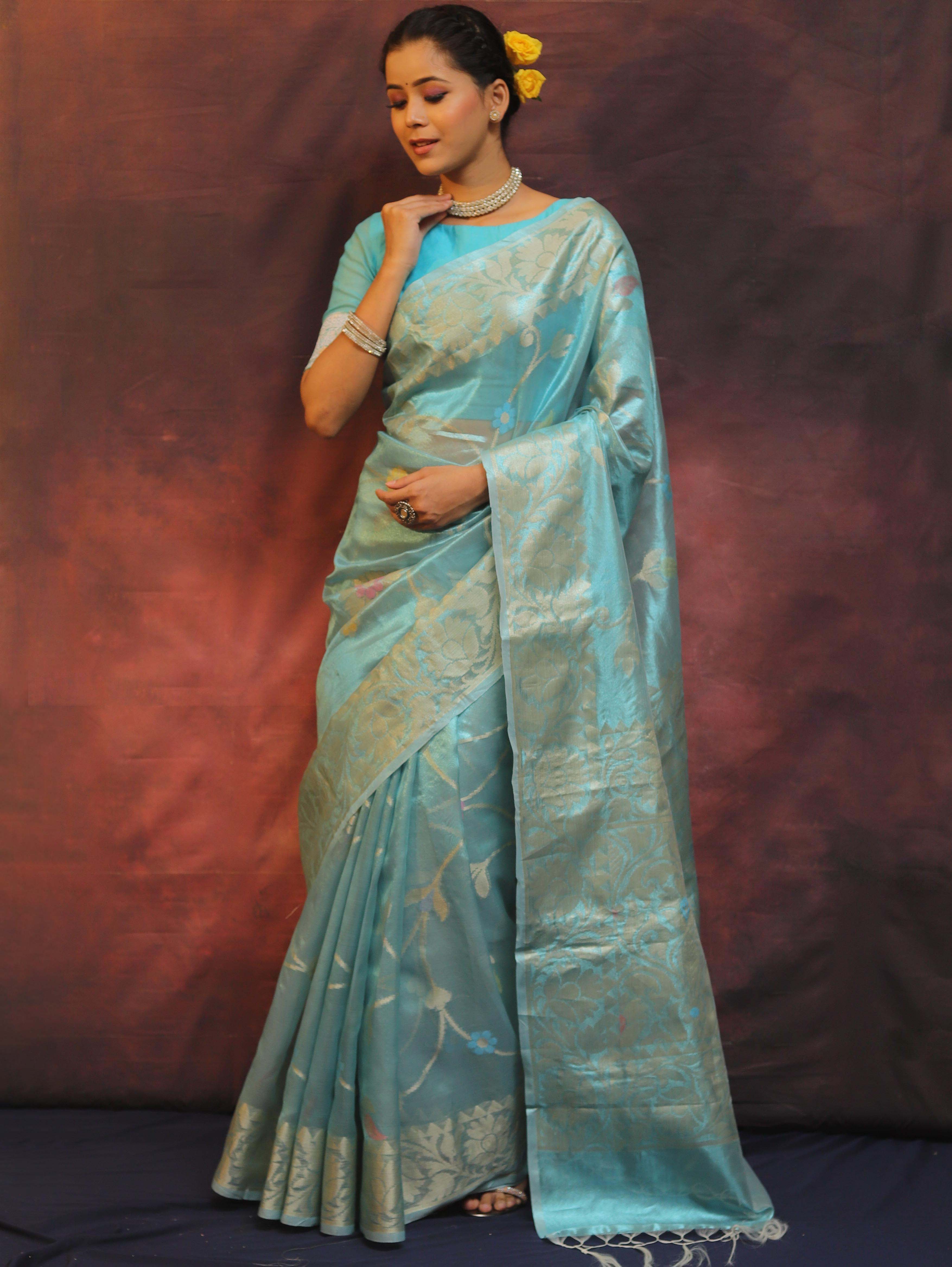 Banarasee Handwoven Tissue Saree Zari Border & Jaal Design-Light Blue