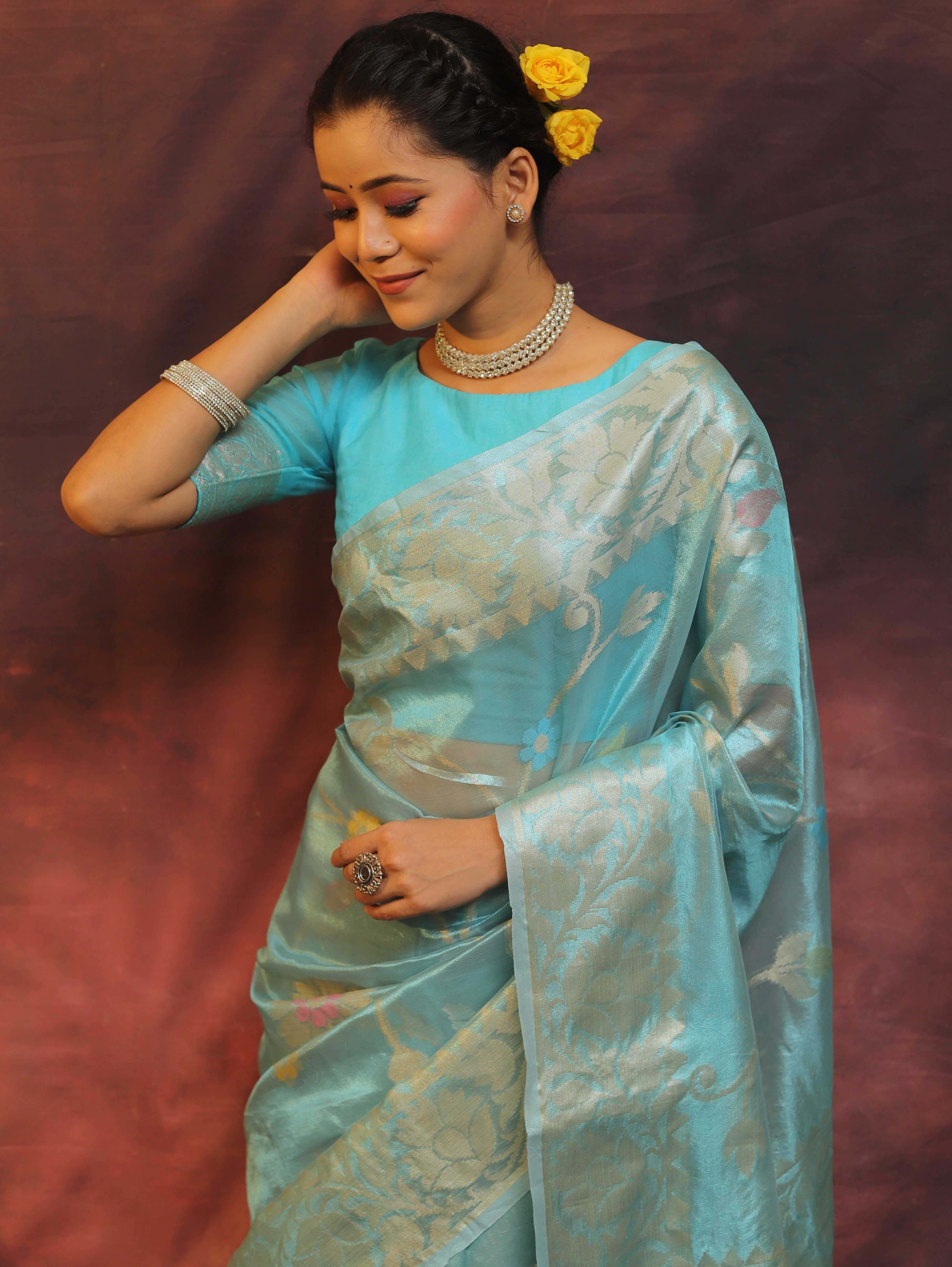 Banarasee Handwoven Tissue Saree Zari Border & Jaal Design-Light Blue