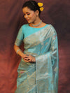 Banarasee Handwoven Tissue Saree Zari Border & Jaal Design-Light Blue