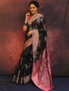 Banarasee Cotton Silk Saree Zari Buta Design & Contrast Border-Black