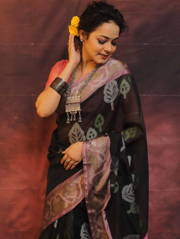 Banarasee Cotton Silk Saree Zari Buta Design & Contrast Border-Black