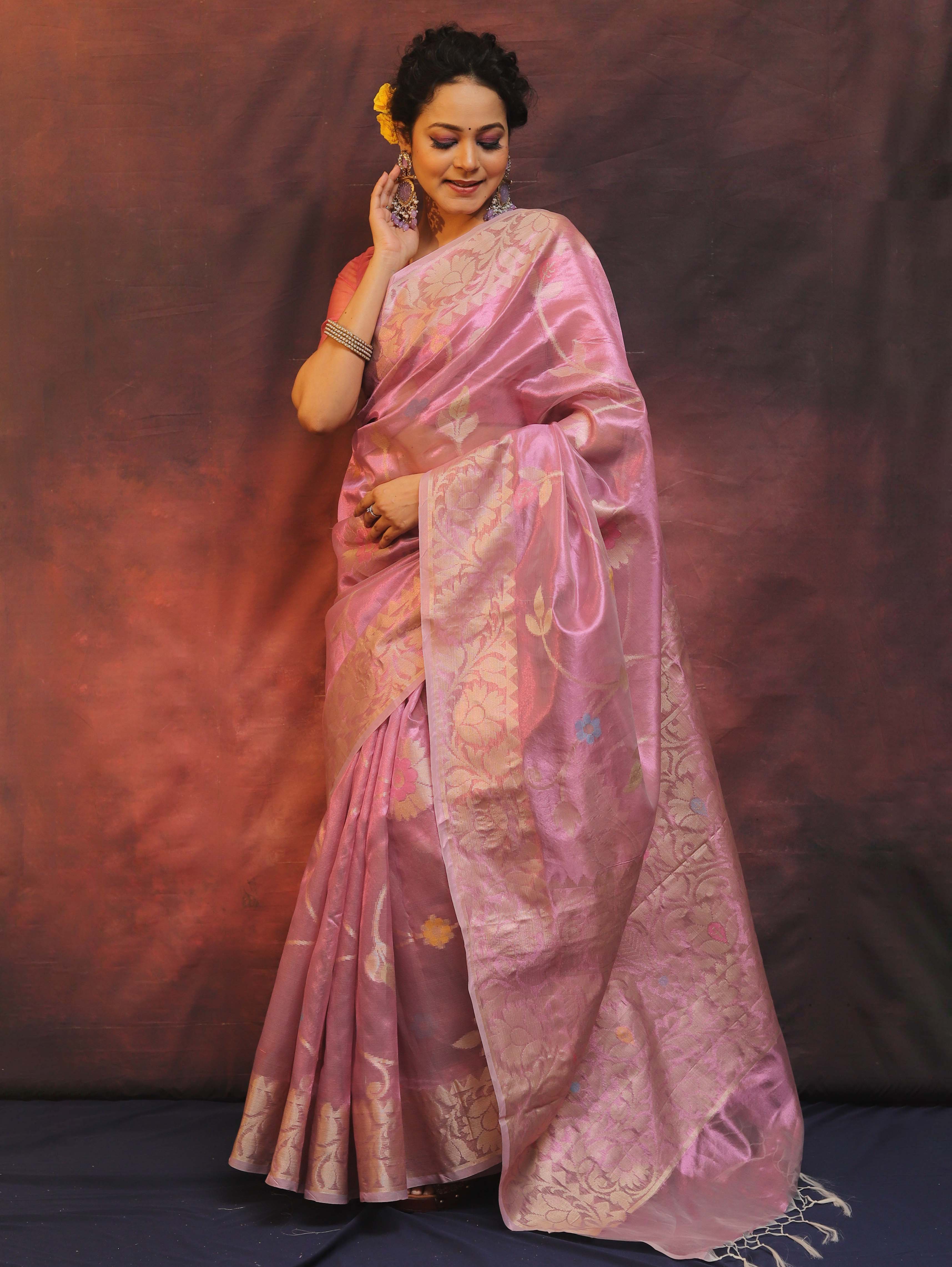 Banarasee Handwoven Tissue Saree Zari Border & Jaal Design-Pink