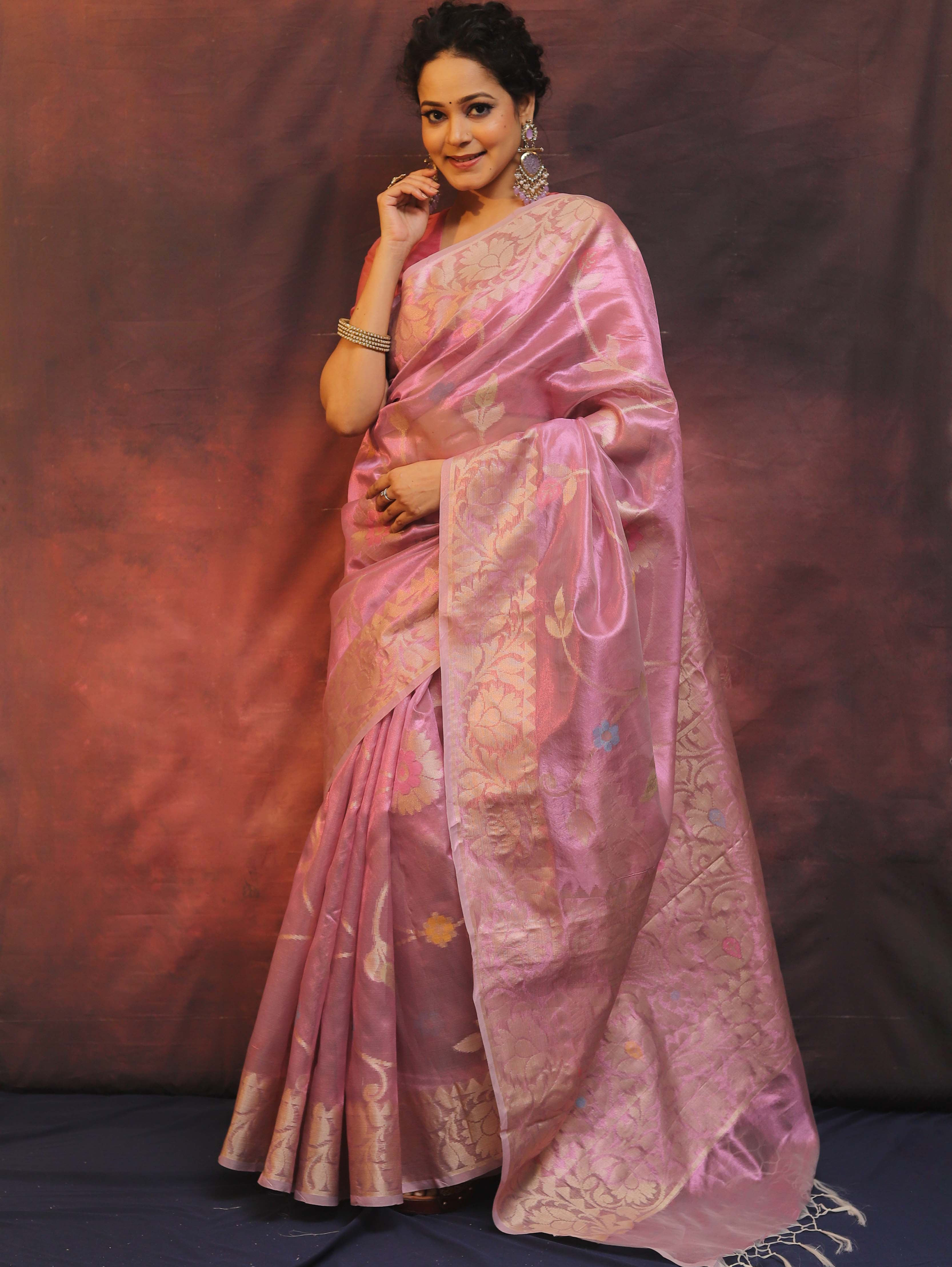 Banarasee Handwoven Tissue Saree Zari Border & Jaal Design-Pink