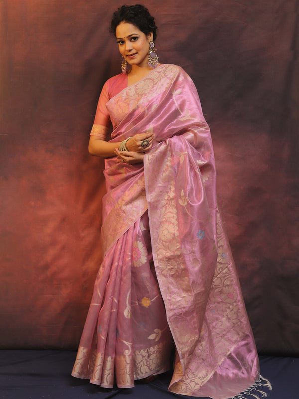 Banarasee Handwoven Tissue Saree Zari Border & Jaal Design-Pink