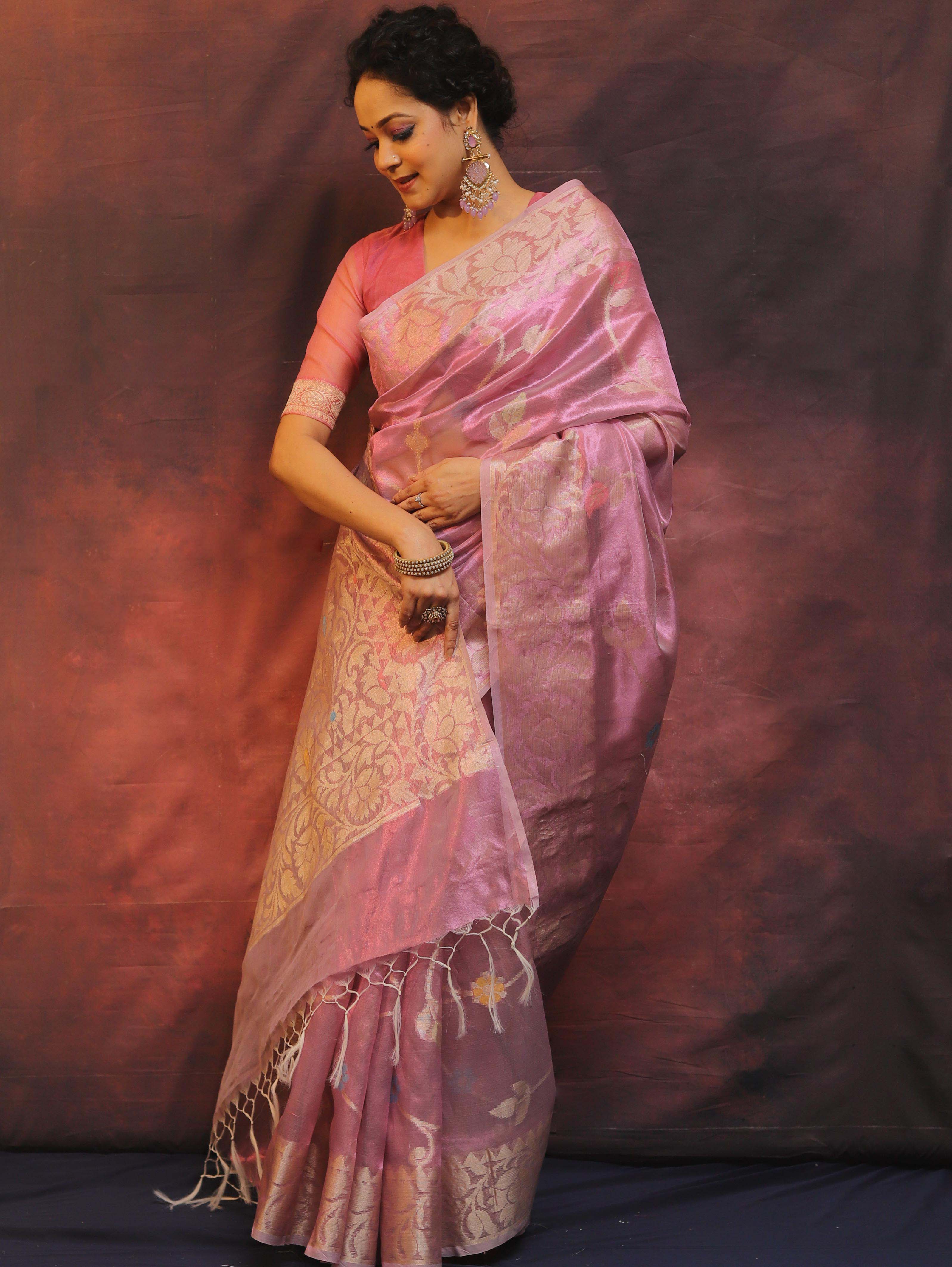 Banarasee Handwoven Tissue Saree Zari Border & Jaal Design-Pink