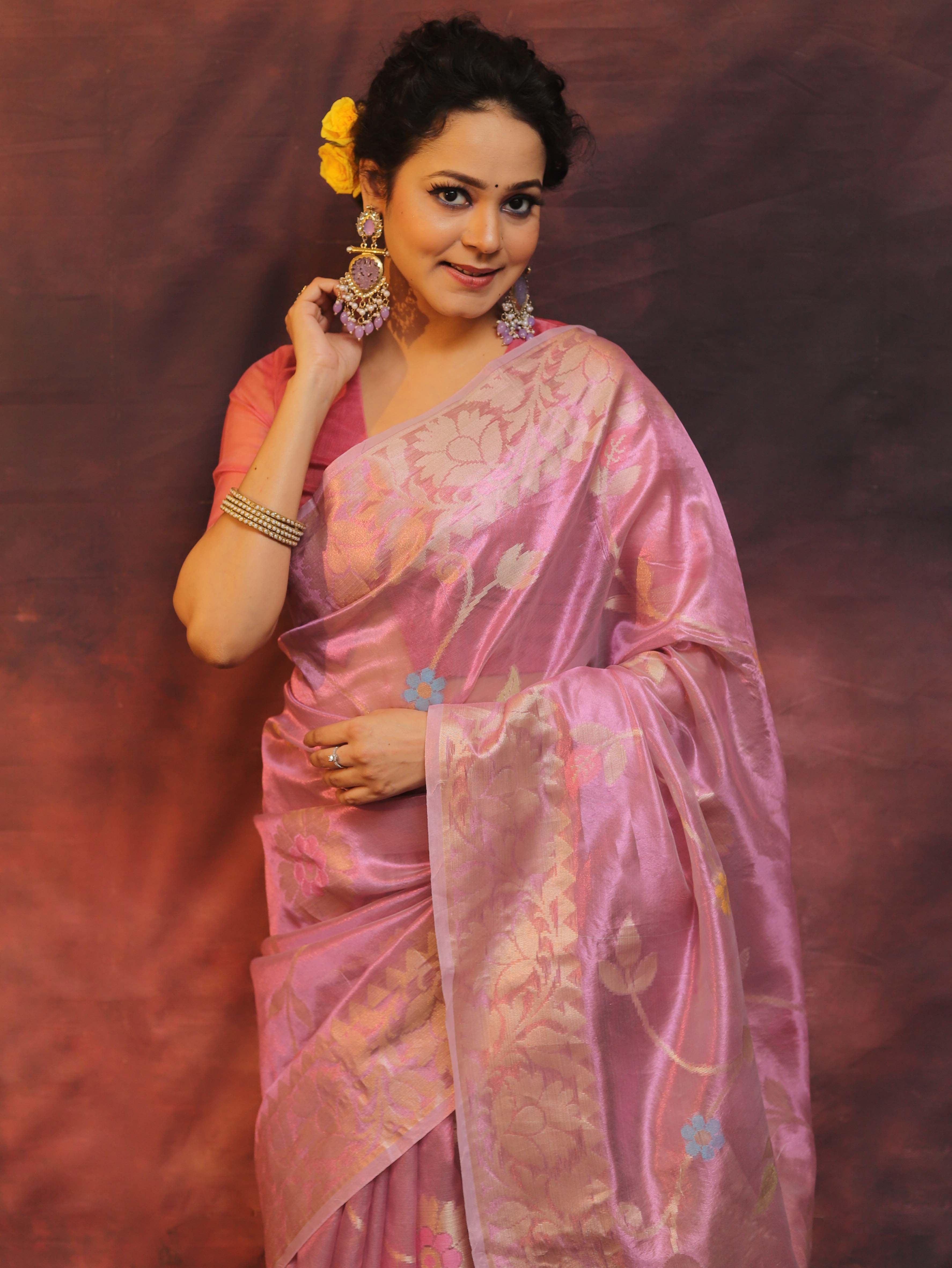 Banarasee Handwoven Tissue Saree Zari Border & Jaal Design-Pink