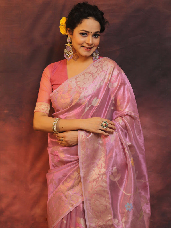 Banarasee Handwoven Tissue Saree Zari Border & Jaal Design-Pink