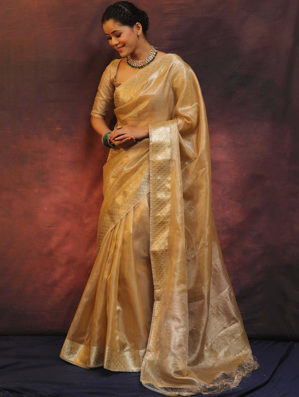 Banarasee Handwoven Plain Tissue Saree With Zari Border-Gold