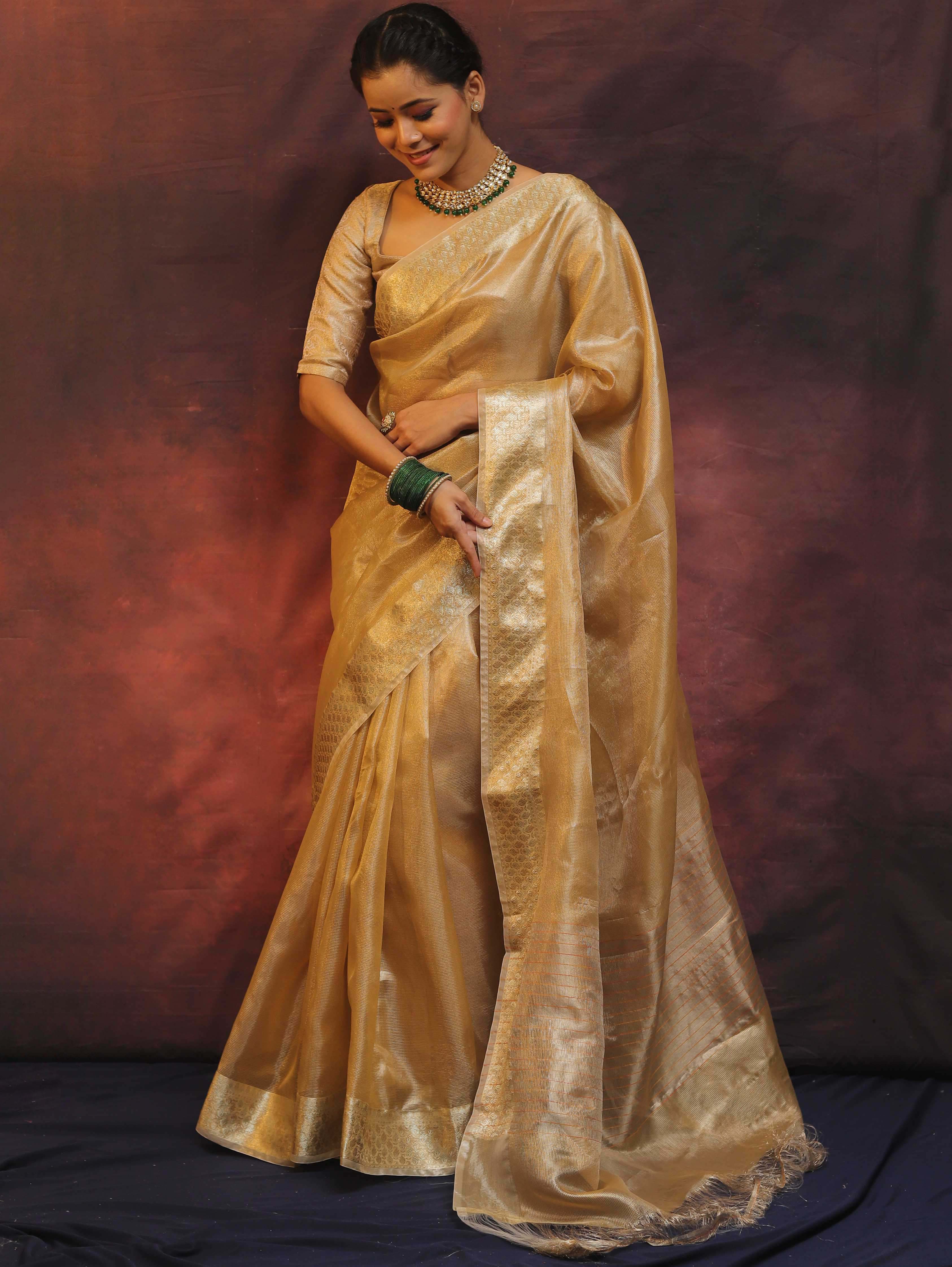 Banarasee Handwoven Plain Tissue Saree With Zari Border-Gold