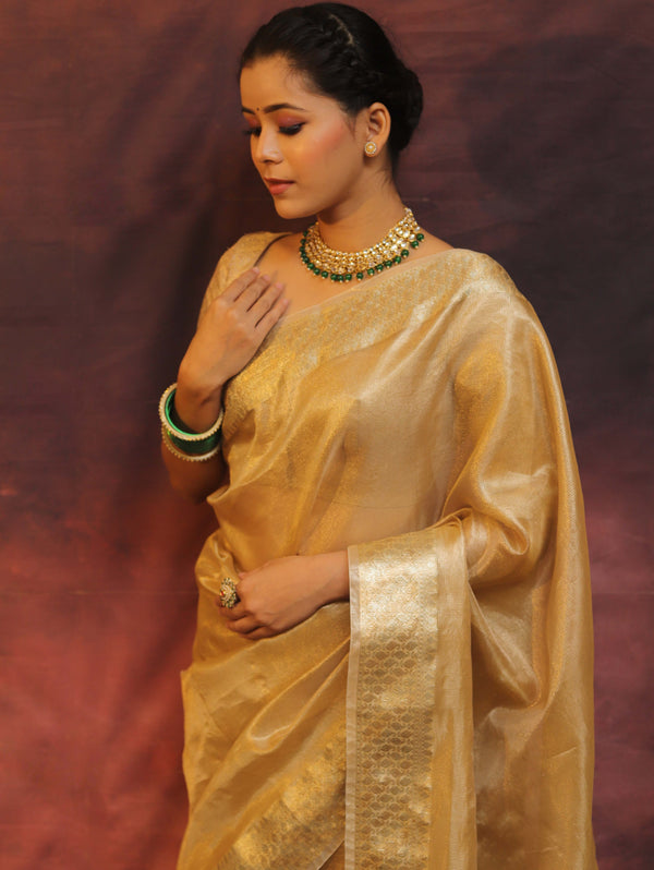 Banarasee Handwoven Plain Tissue Saree With Zari Border-Gold