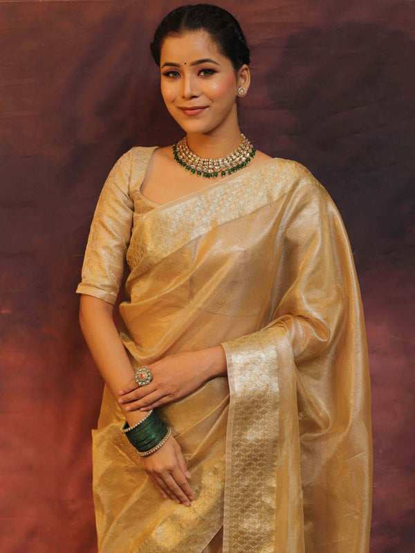 Banarasee Handwoven Plain Tissue Saree With Zari Border-Gold