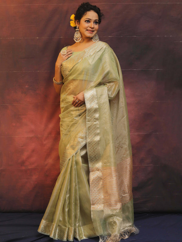 Banarasee Handwoven Plain Tissue Saree With Zari Border-Light Green