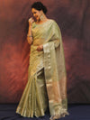 Banarasee Handwoven Plain Tissue Saree With Zari Border-Light Green