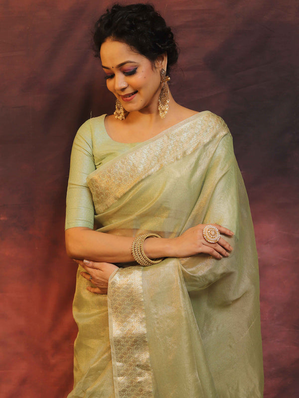 Banarasee Handwoven Plain Tissue Saree With Zari Border-Light Green