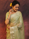 Banarasee Handwoven Plain Tissue Saree With Zari Border-Light Green