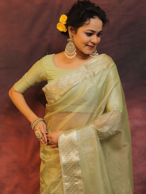 Banarasee Handwoven Plain Tissue Saree With Zari Border-Light Green