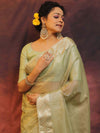 Banarasee Handwoven Plain Tissue Saree With Zari Border-Light Green