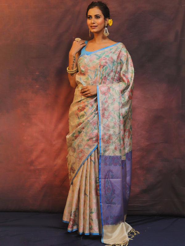 Banarasee Handwoven Tissue Saree With Zari Jaal Design & Digital Print-Silver