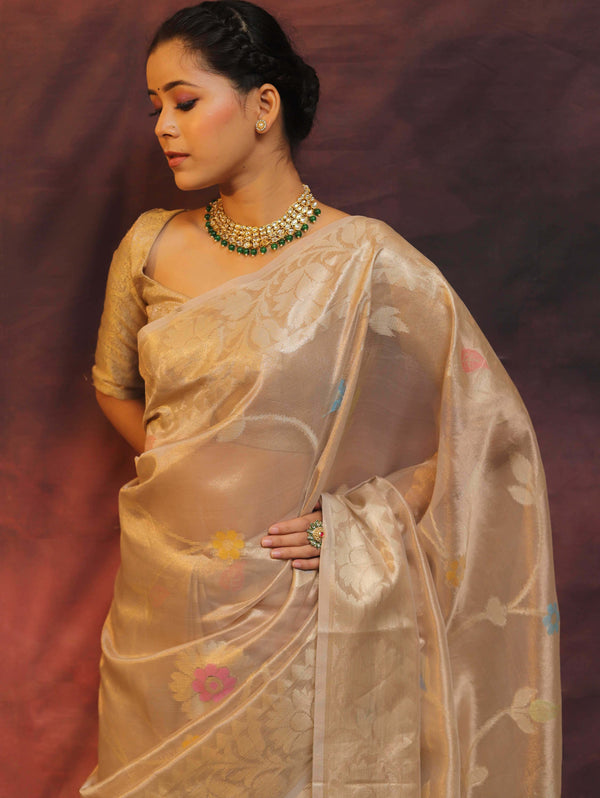 Banarasee Handwoven Tissue Saree Zari Border & Jaal Design-Gold