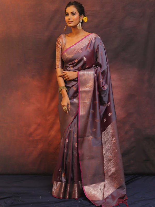 Banarasee Handwoven Semi Silk Saree With Zari Buti Design-Grey (Dual Tone)