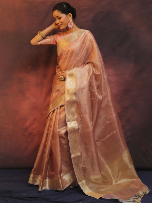 Banarasee Handwoven Plain Tissue Saree With Zari Border-Pink