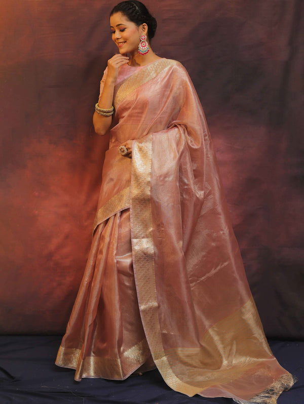 Banarasee Handwoven Plain Tissue Saree With Zari Border-Pink