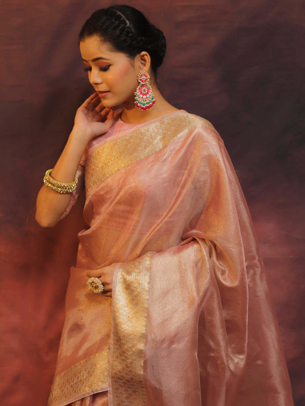 Banarasee Handwoven Plain Tissue Saree With Zari Border-Pink