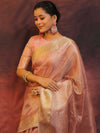 Banarasee Handwoven Plain Tissue Saree With Zari Border-Pink